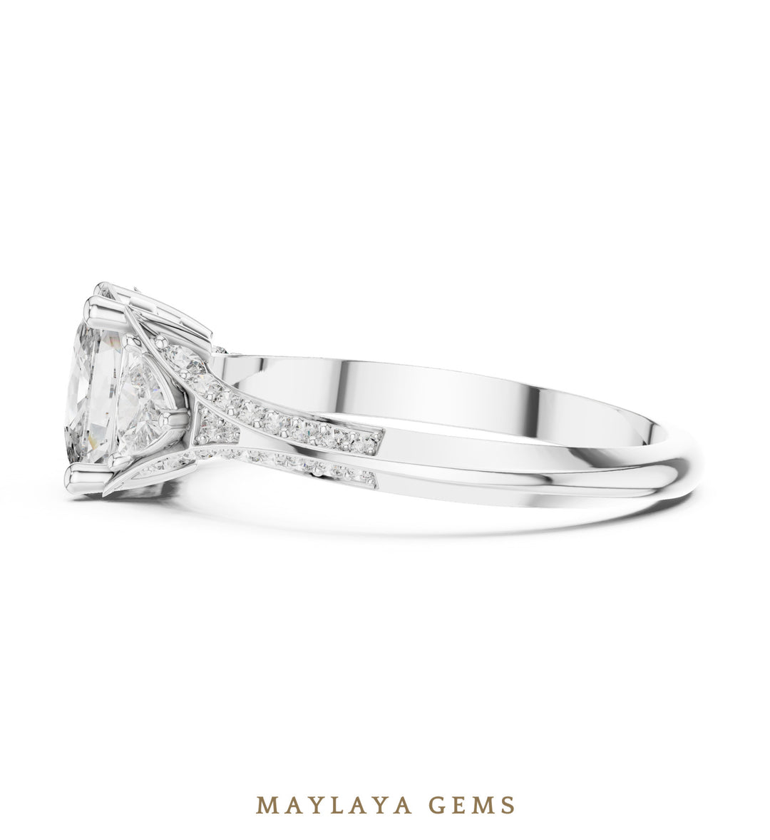 Maylaya Gems cushion trillion pave trilogy lab-grown diamond ring in white gold