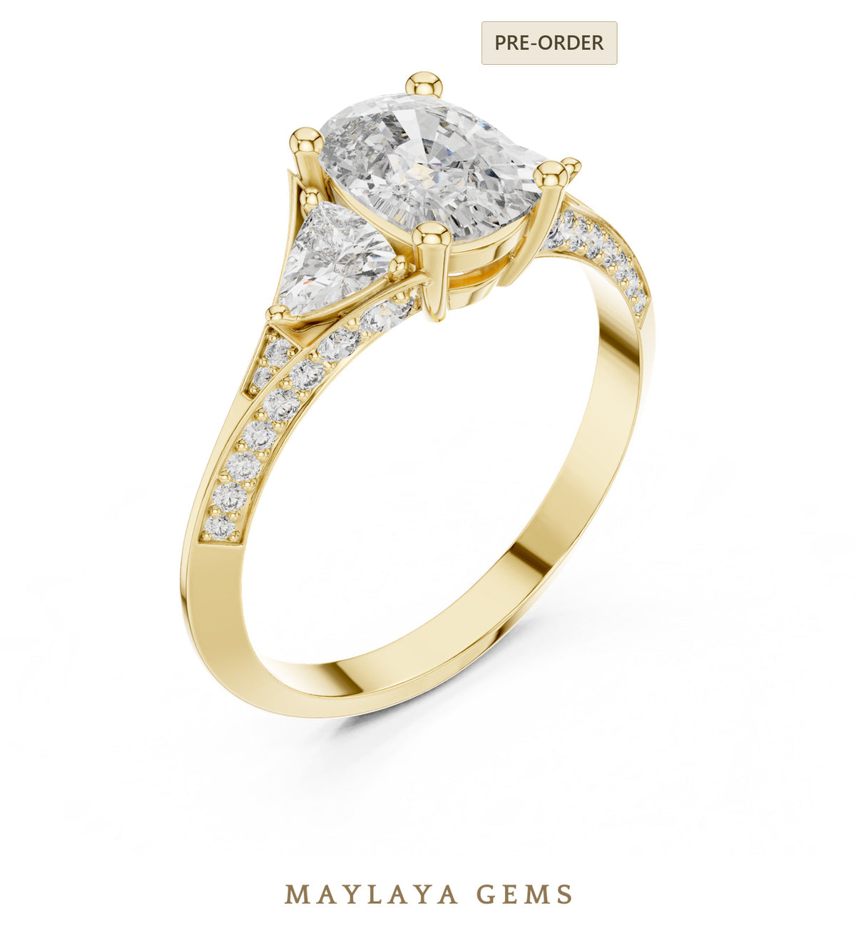 Maylaya gems cushion trillion pave trilogy lab grown diamond ring in yellow gold