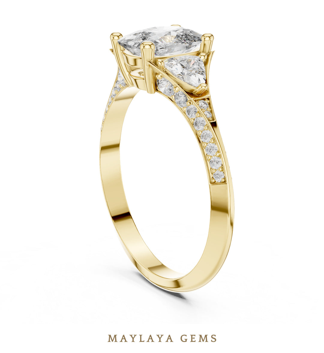 Maylaya Gems cushion trillion pave trilogy lab-grown diamond ring in yellow gold