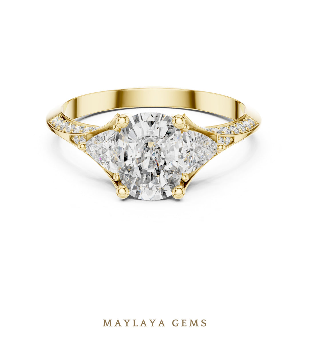 Maylaya Gems cushion trillion pave trilogy lab-grown diamond ring in yellow gold