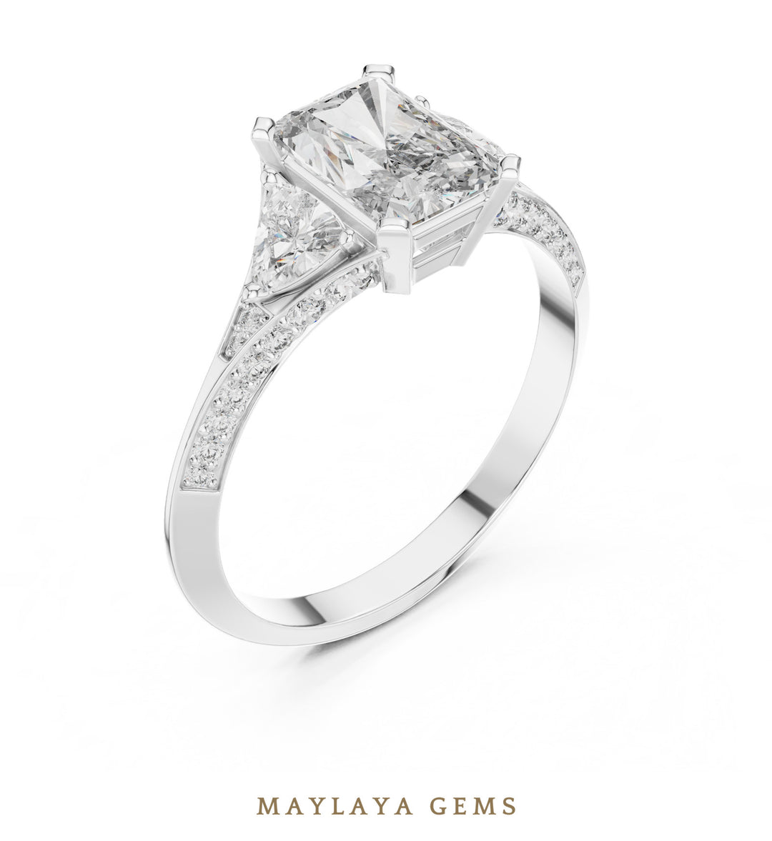 Maylaya Gems radiant trillion pave trilogy lab-grown diamond ring in white gold