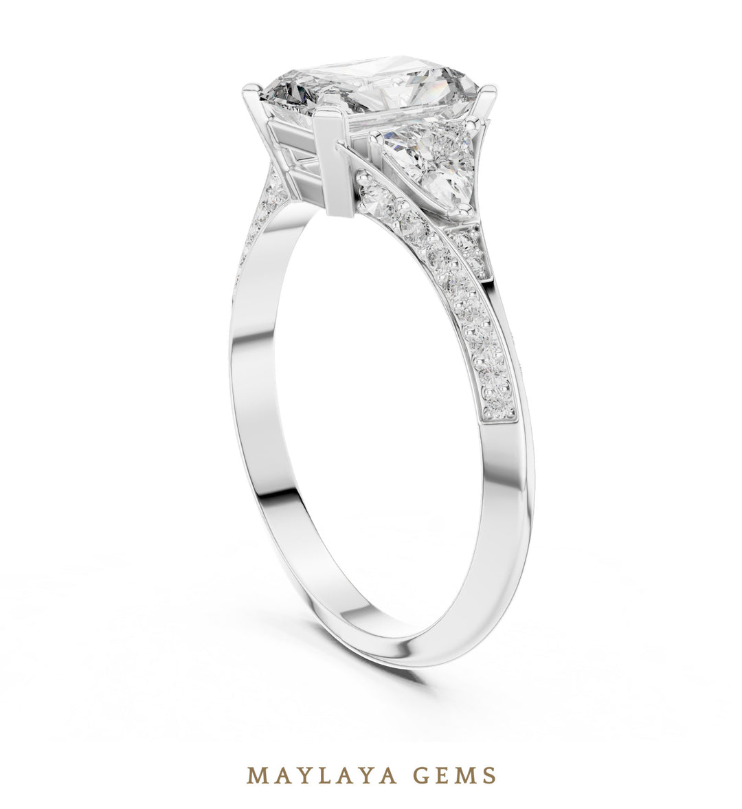 Maylaya Gems radiant trillion pave trilogy lab-grown diamond ring in white gold