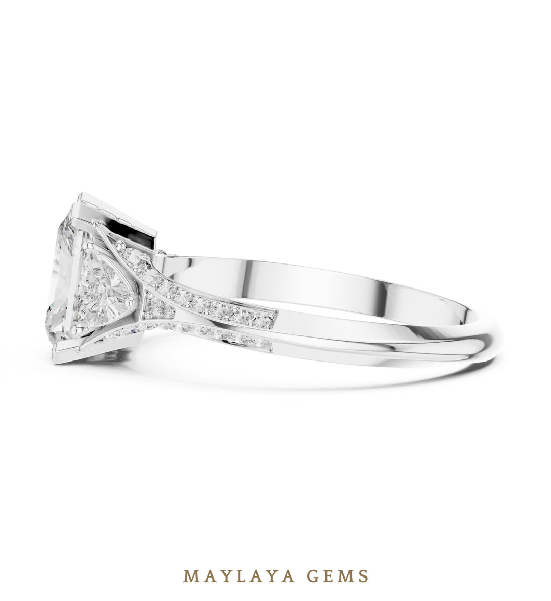 Maylaya Gems radiant trillion pave trilogy lab-grown diamond ring in white gold