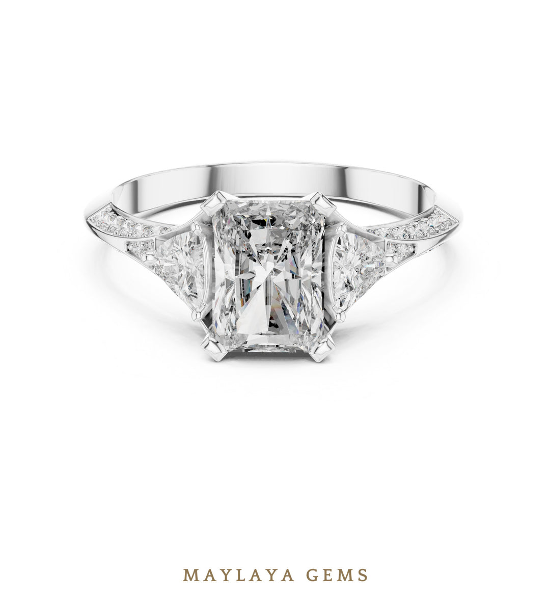 Maylaya Gems radiant trillion pave trilogy lab-grown diamond ring in white gold