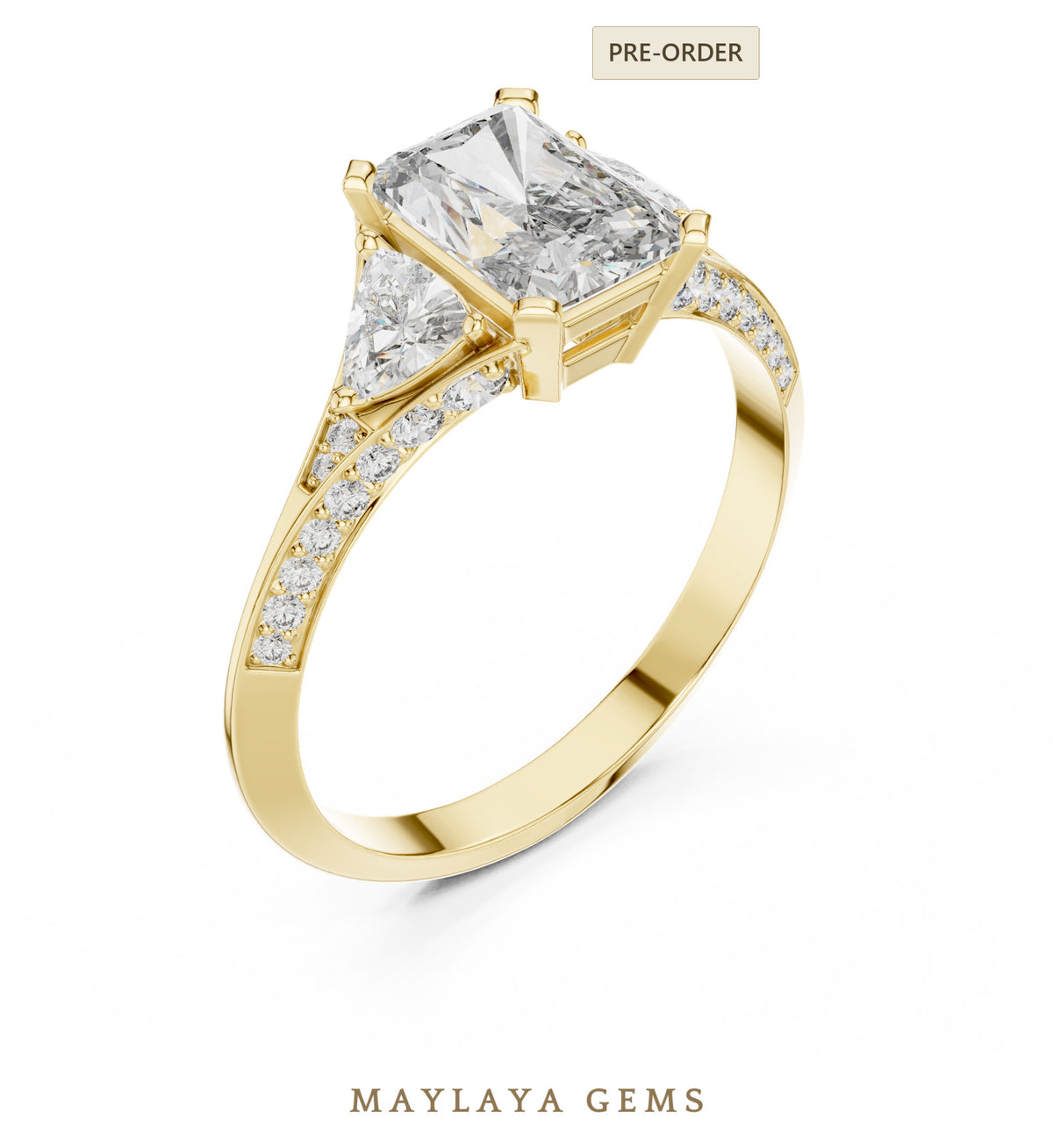Maylaya gems radiant trillion pave trilogy lab grown diamond ring in yellow gold