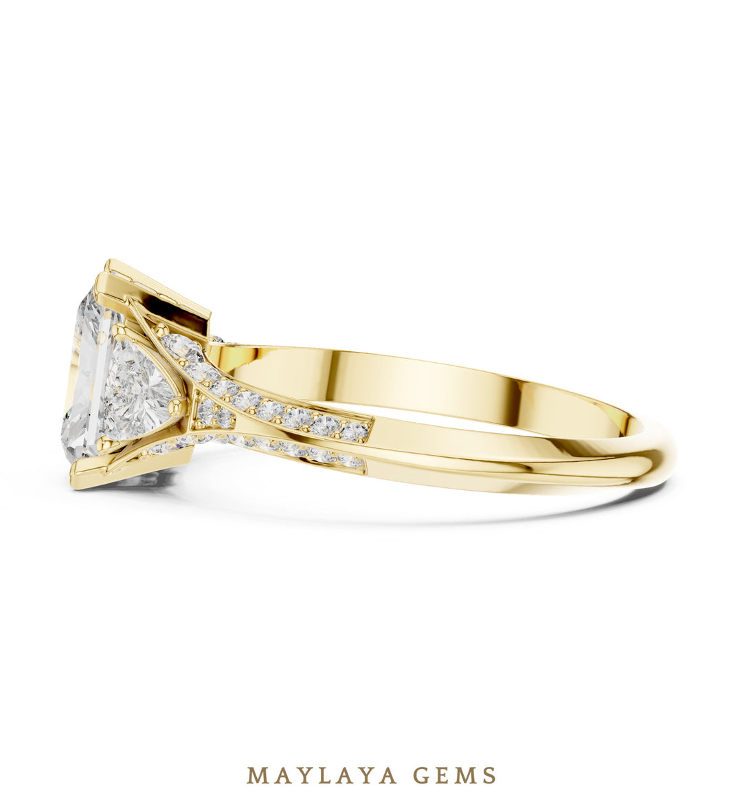 Maylaya Gems radiant trillion pave trilogy lab-grown diamond ring in yellow gold