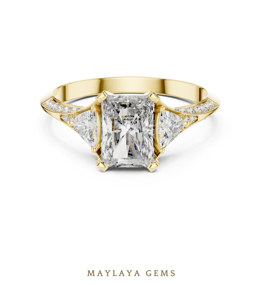 Maylaya Gems radiant trillion pave trilogy lab-grown diamond ring in yellow gold