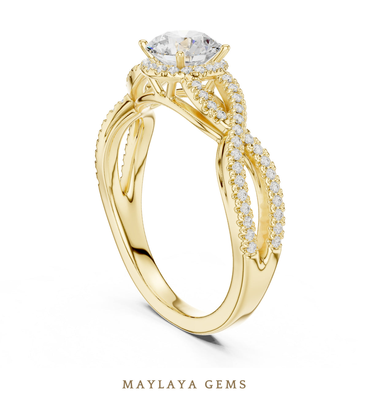 Maylaya gems round pave infinity solitaire lab grown diamond ring in yellow gold