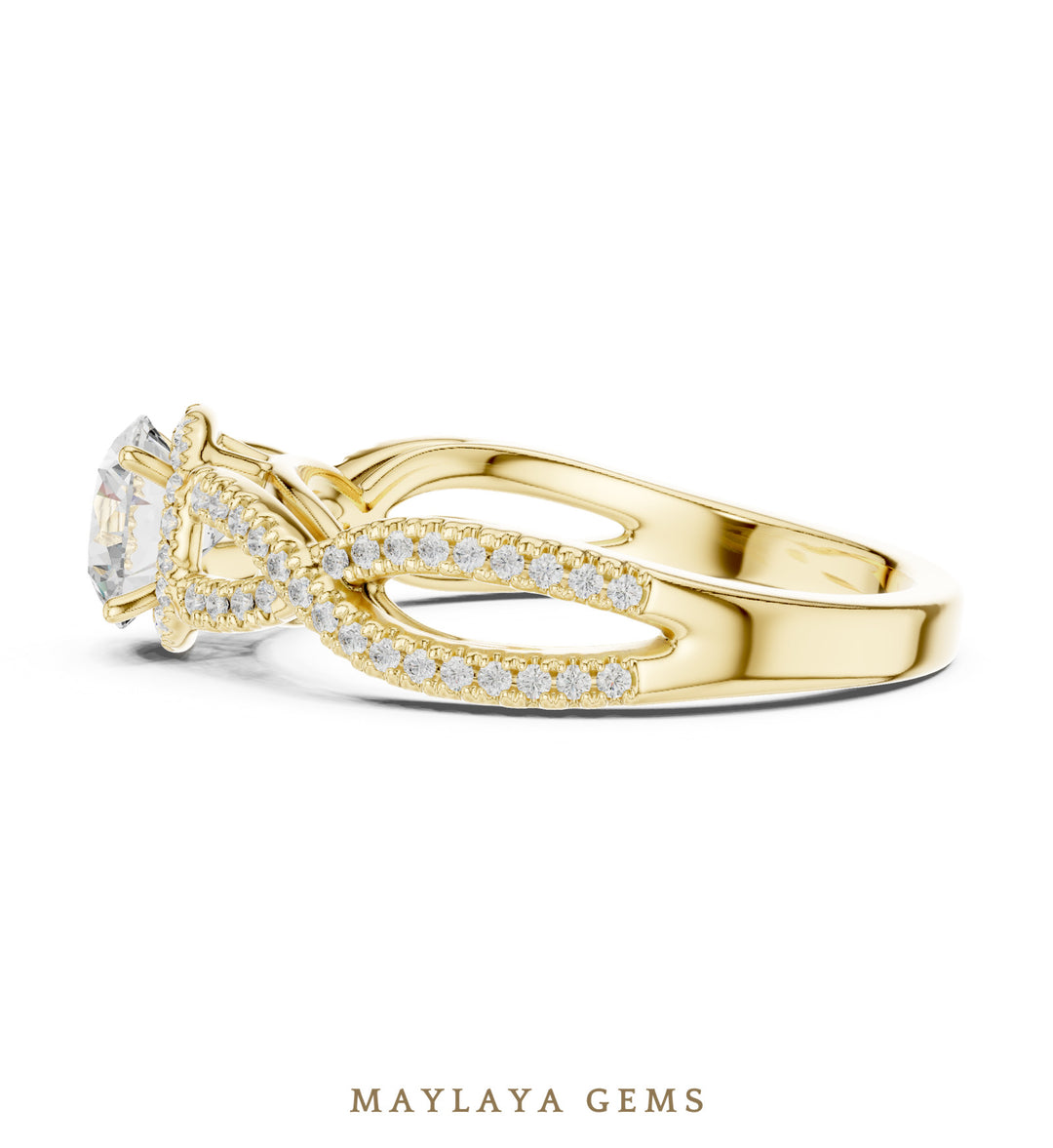 Maylaya Gems round pave infinity solitaire lab-grown diamond ring in yellow gold