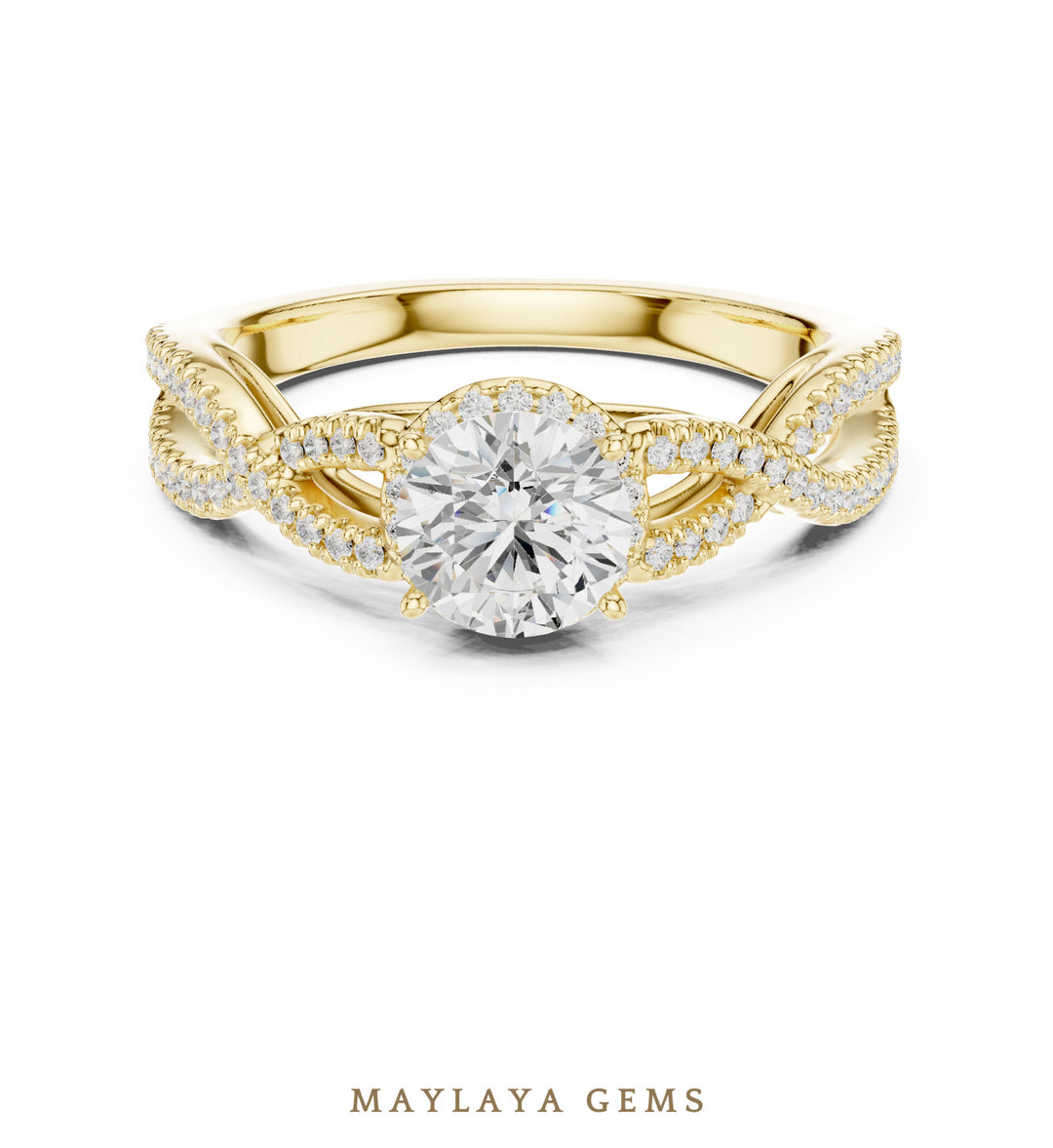 Maylaya Gems round pave infinity solitaire lab-grown diamond ring in yellow gold