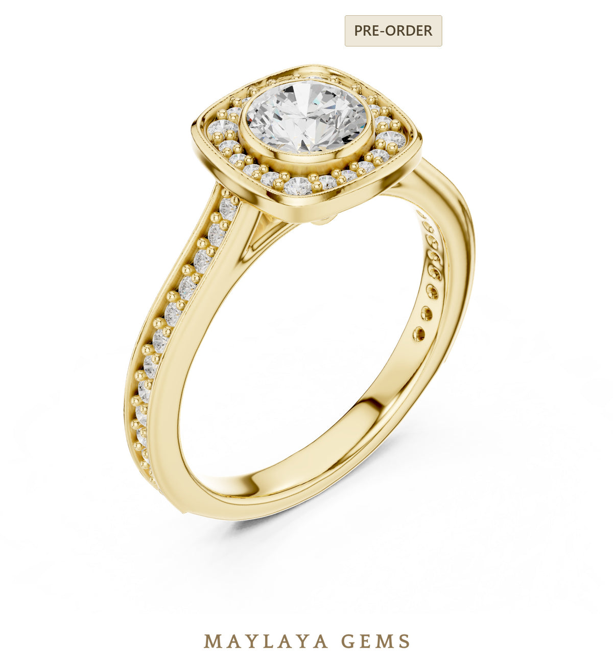 Maylaya gems round bezel cushion frame lab grown diamond ring in yellow gold