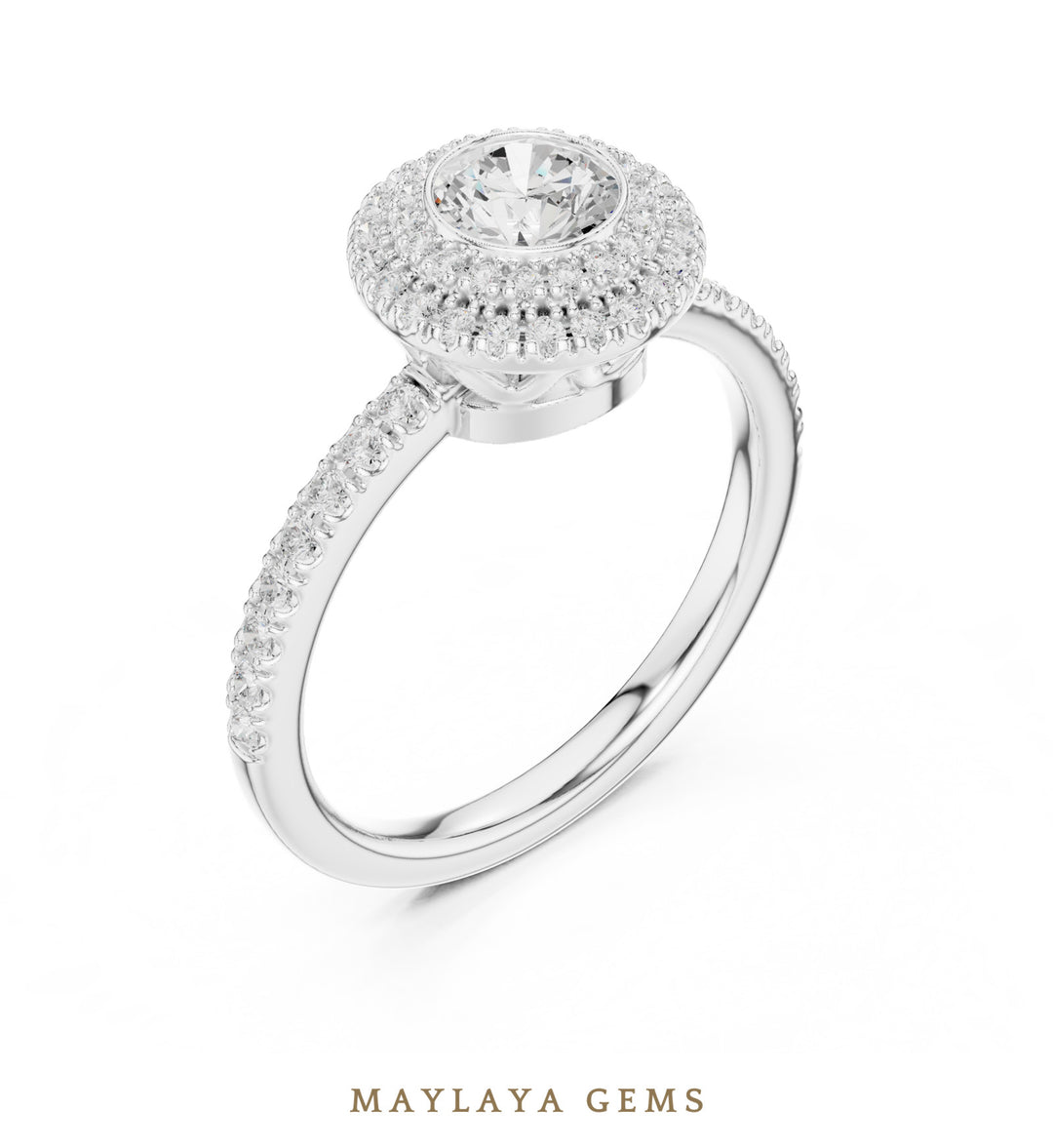 Maylaya Gems round bezel double halo lab-grown diamond ring in white gold
