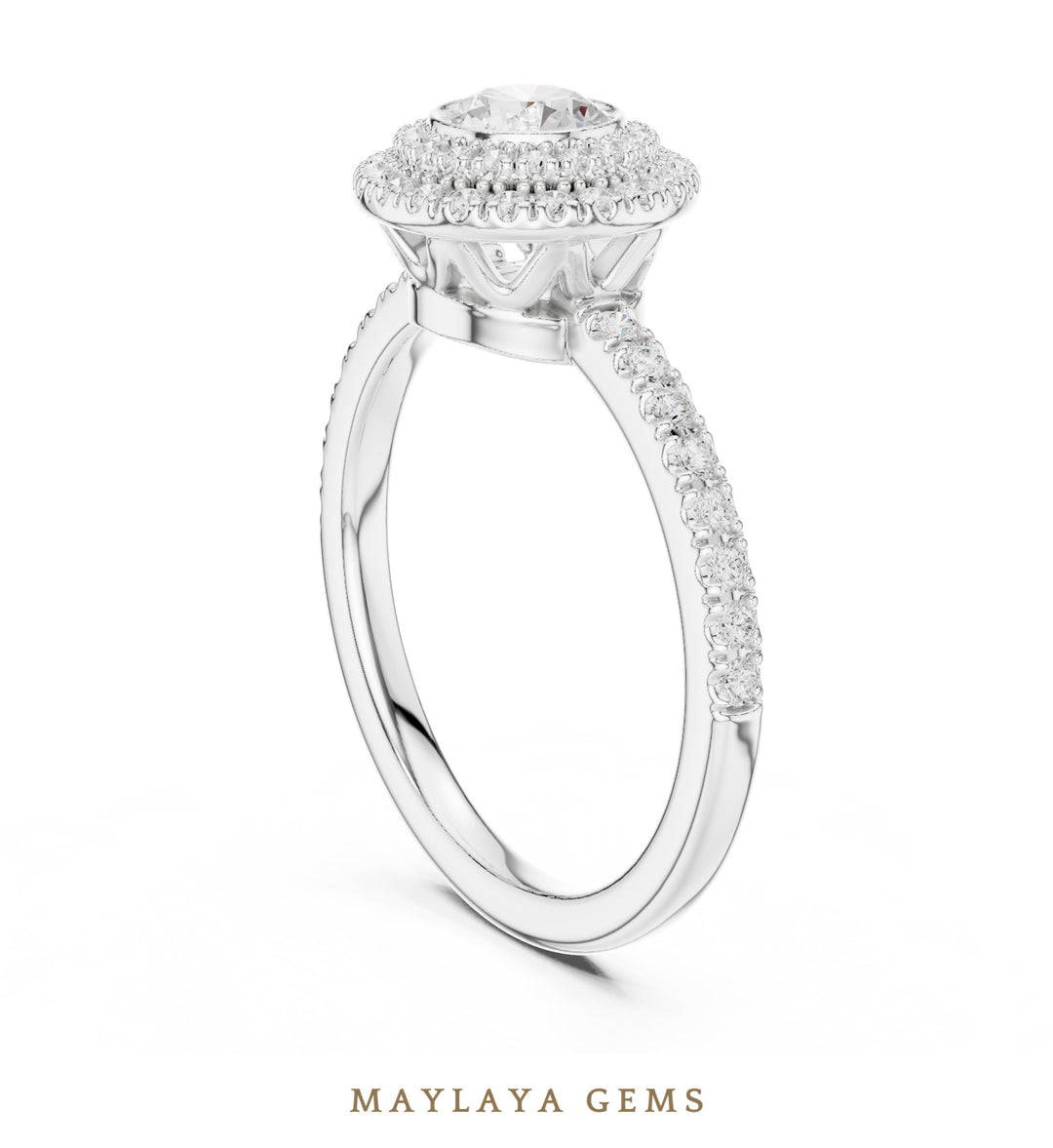 Maylaya Gems round bezel double halo lab-grown diamond ring in white gold