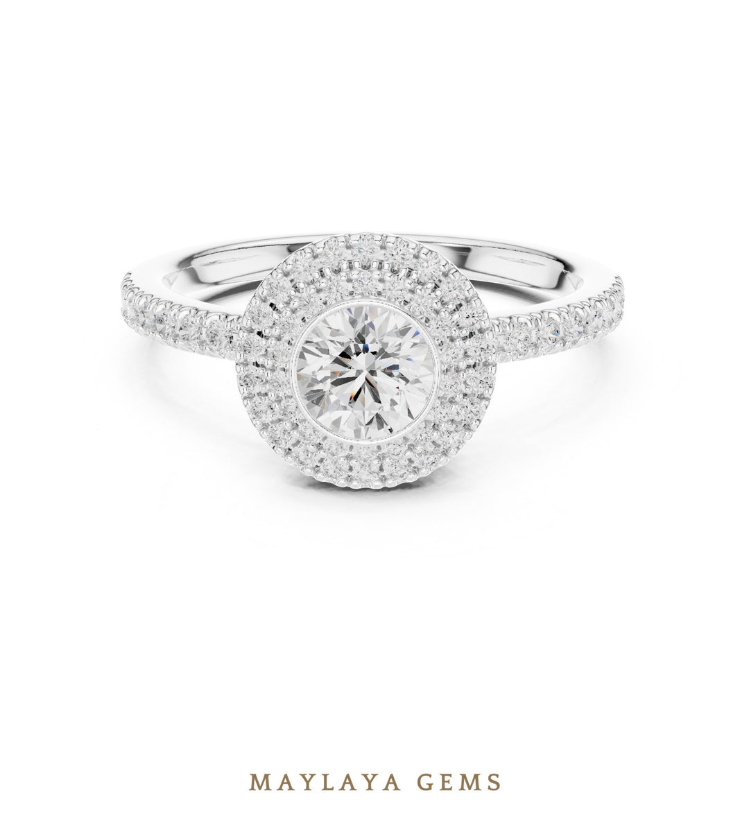 Maylaya Gems round bezel double halo lab-grown diamond ring in white gold