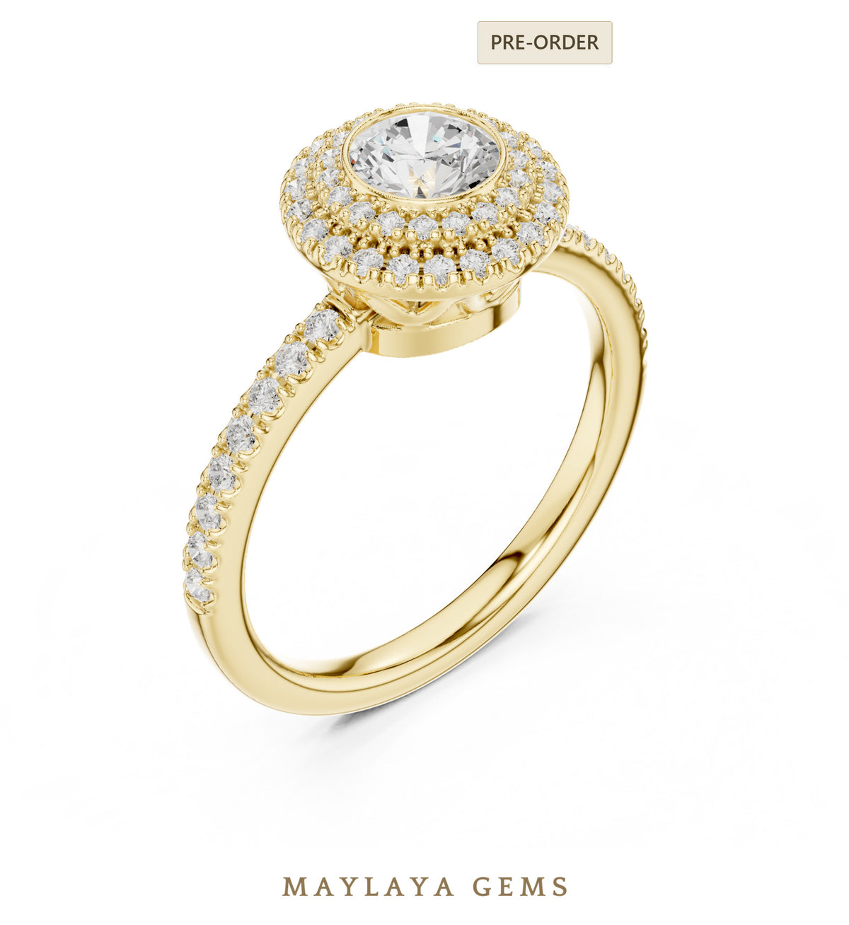 Maylaya gems round bezel double halo lab grown diamond ring in yellow gold