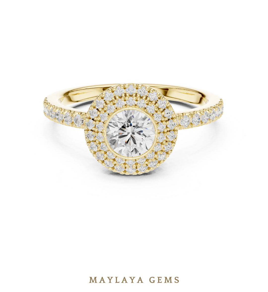 Maylaya Gems round bezel double halo lab-grown diamond ring in yellow gold