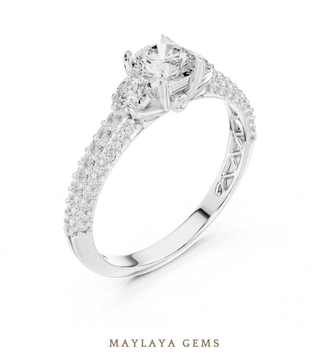 Maylaya Gems round trilogy pave lab-grown diamond ring in white gold