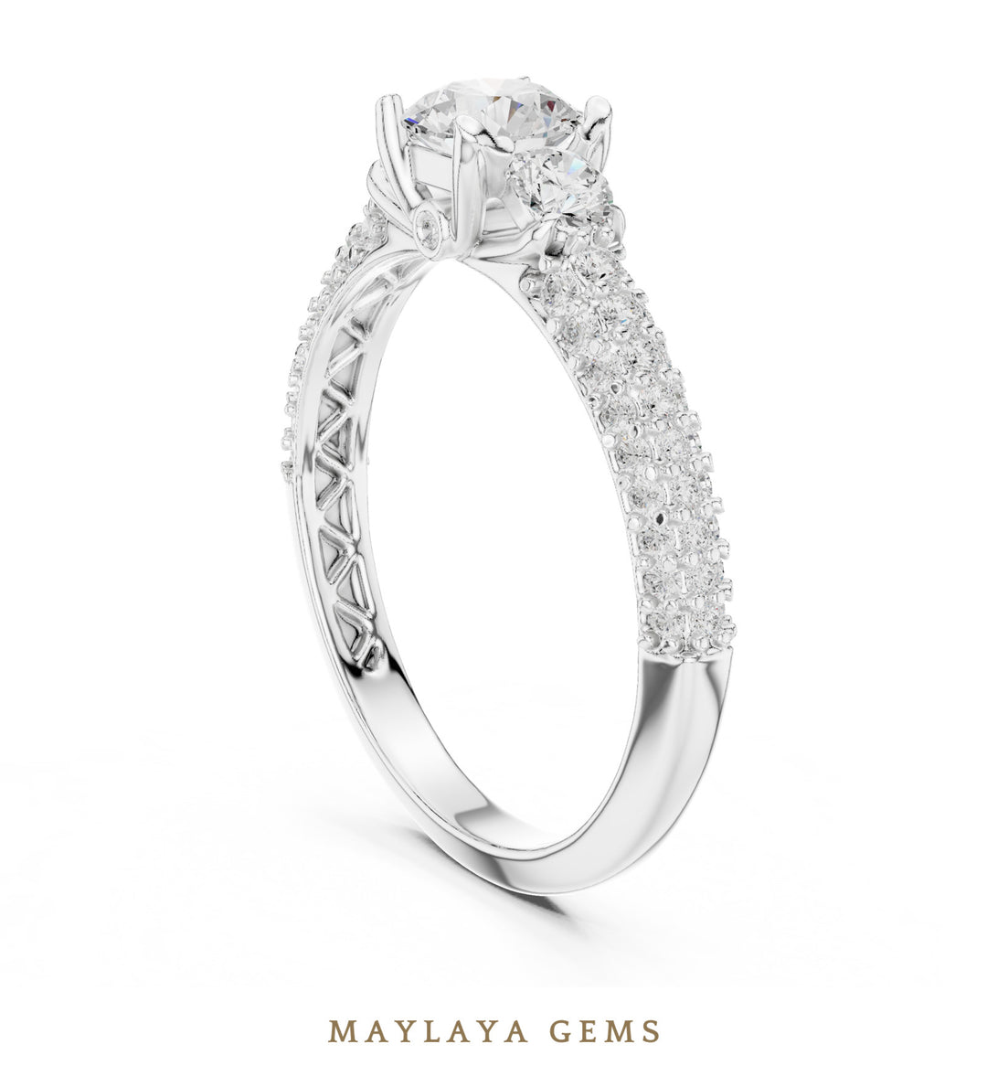 Maylaya Gems round trilogy pave lab-grown diamond ring in white gold