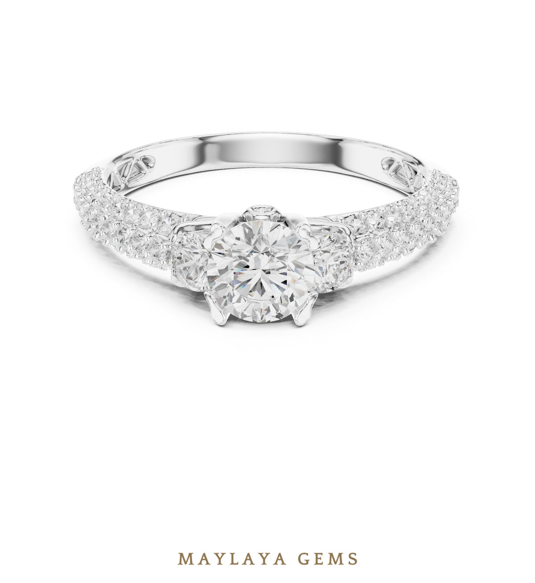 Maylaya Gems round trilogy pave lab-grown diamond ring in white gold