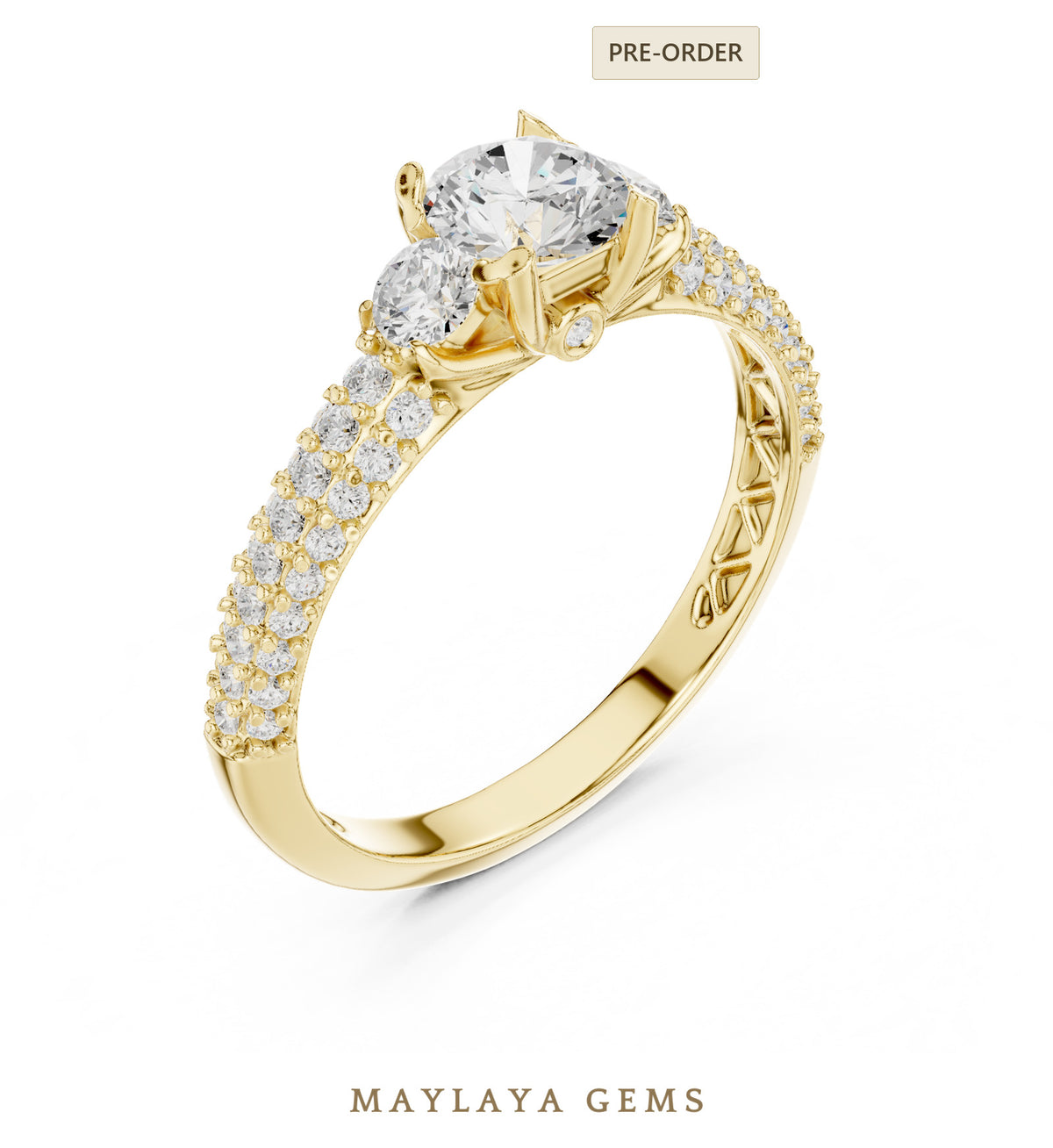 Maylaya gems round trilogy pave lab grown diamond ring in yellow gold