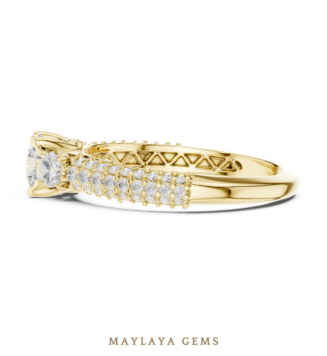 Maylaya Gems round trilogy pave lab-grown diamond ring in yellow gold