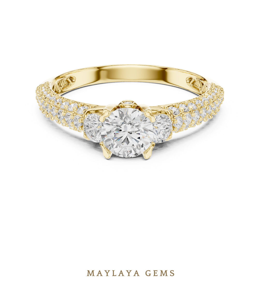 Maylaya Gems round trilogy pave lab-grown diamond ring in yellow gold