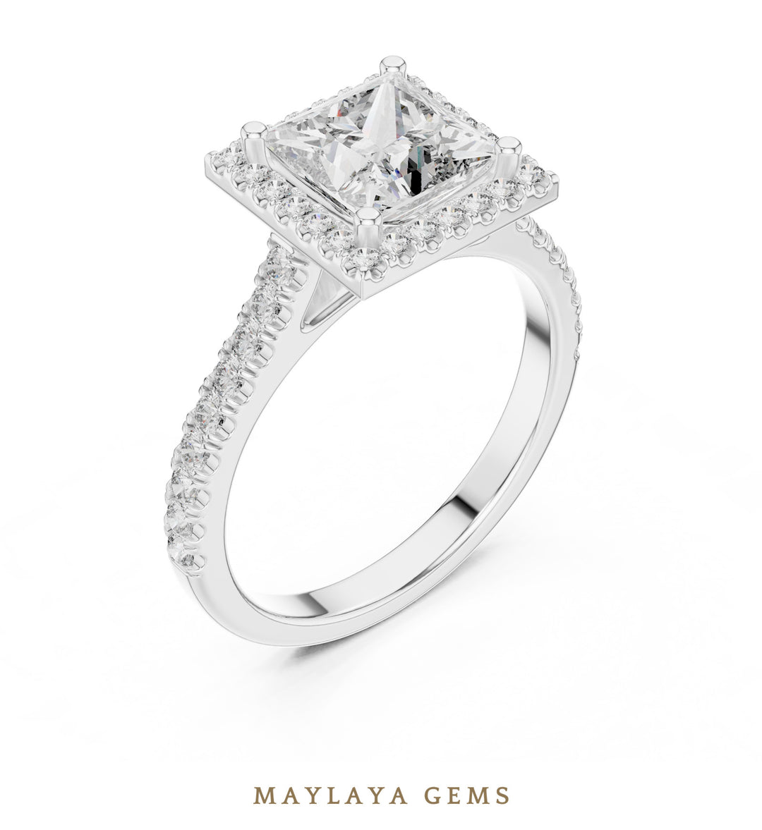 Maylaya Gems princess square halo lab-grown diamond ring in white gold