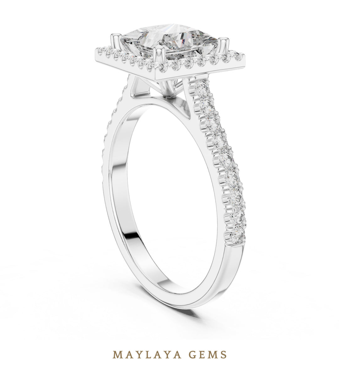 Maylaya Gems princess square halo lab-grown diamond ring in white gold