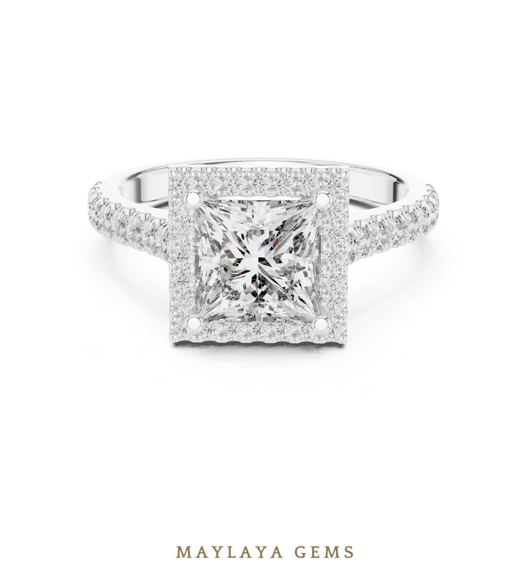 Maylaya Gems princess square halo lab-grown diamond ring in white gold