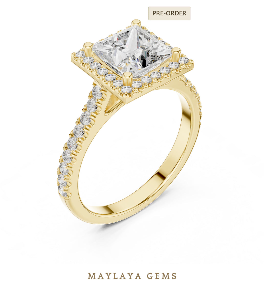 Maylaya Gems princess square halo lab-grown diamond ring in yellow gold