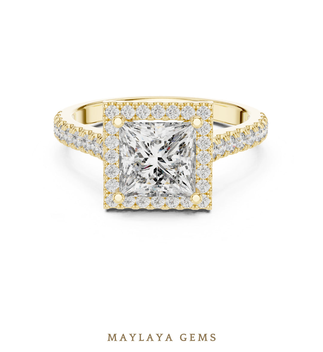 Maylaya Gems princess square halo lab-grown diamond ring in yellow gold