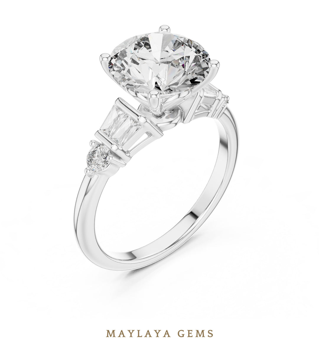 Maylaya Gems round baguette shoulder lab-grown diamond ring in white gold