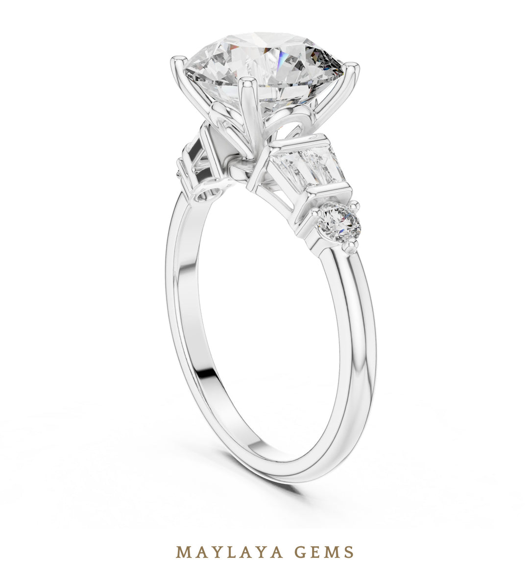 Maylaya Gems round baguette shoulder lab-grown diamond ring in white gold