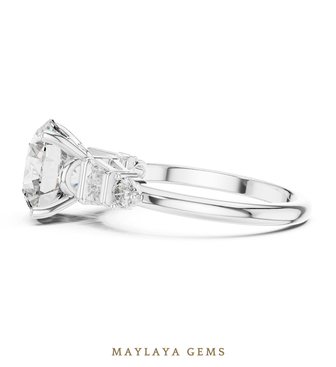 Maylaya Gems round baguette shoulder lab-grown diamond ring in white gold