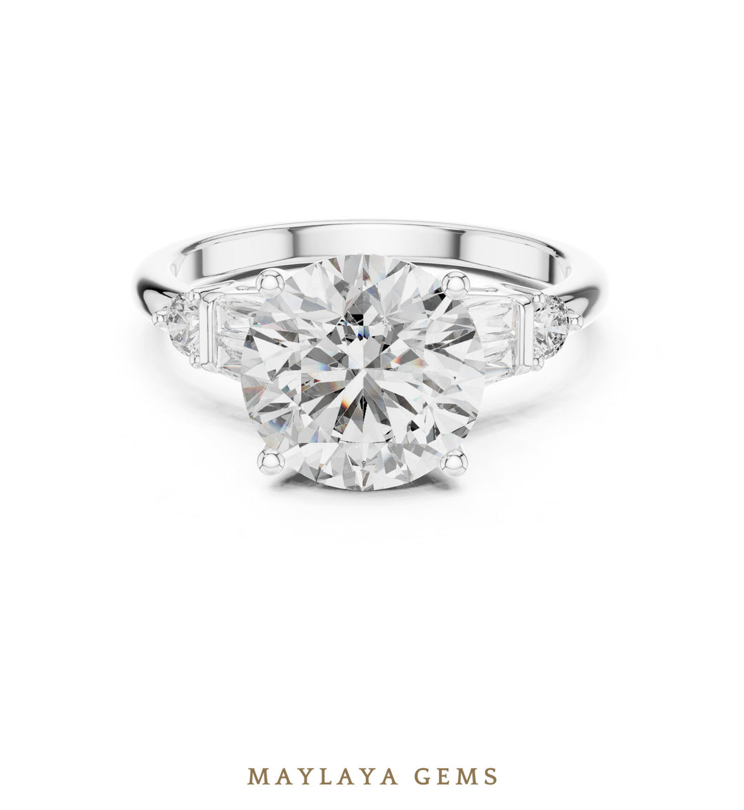 Maylaya Gems round baguette shoulder lab-grown diamond ring in white gold