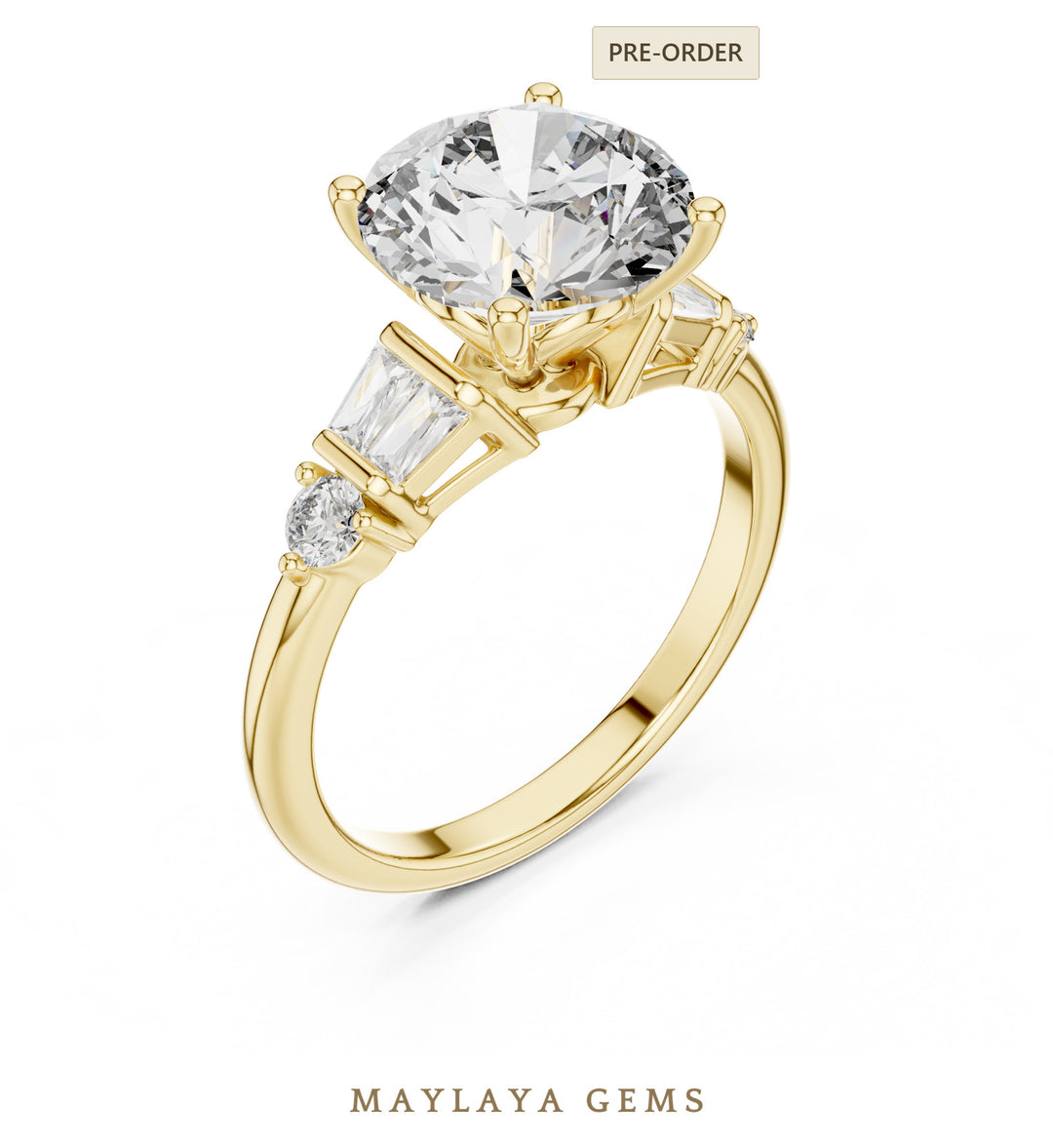 Maylaya Gems round baguette shoulder lab-grown diamond ring in yellow gold