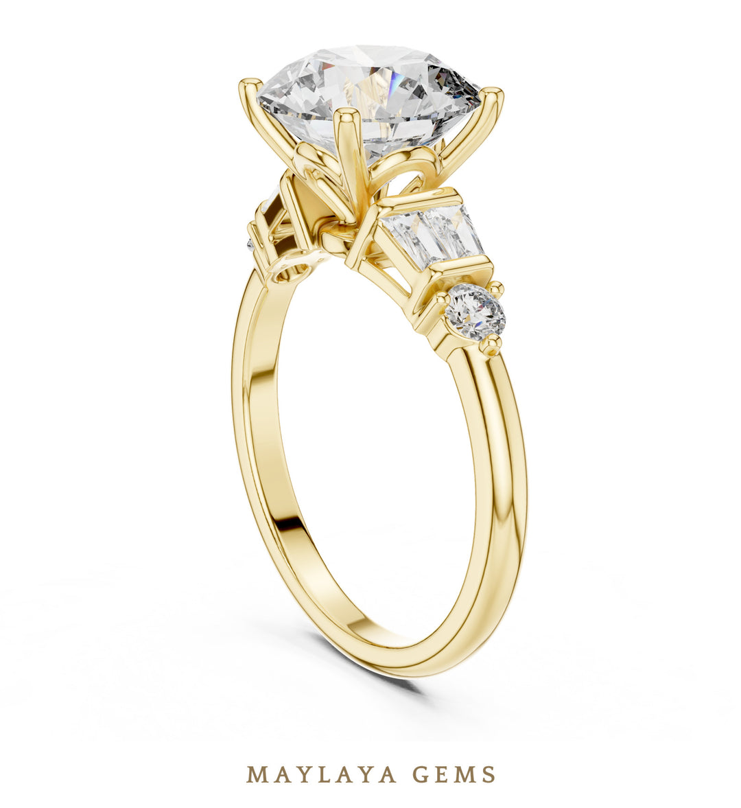 Maylaya Gems round baguette shoulder lab-grown diamond ring in yellow gold
