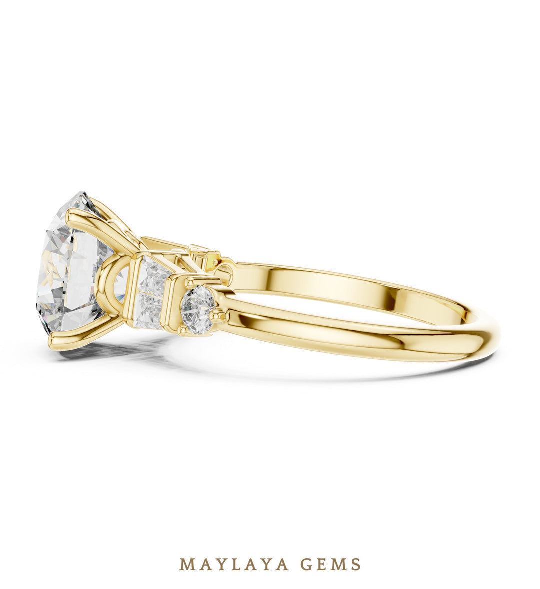 Maylaya Gems round baguette shoulder lab-grown diamond ring in yellow gold