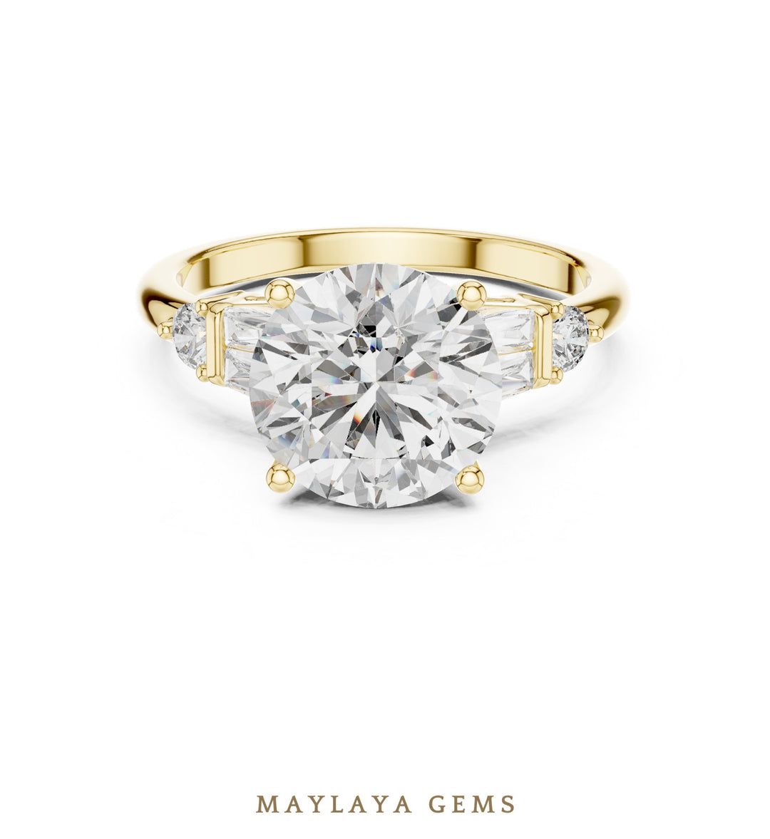 Maylaya Gems round baguette shoulder lab-grown diamond ring in yellow gold