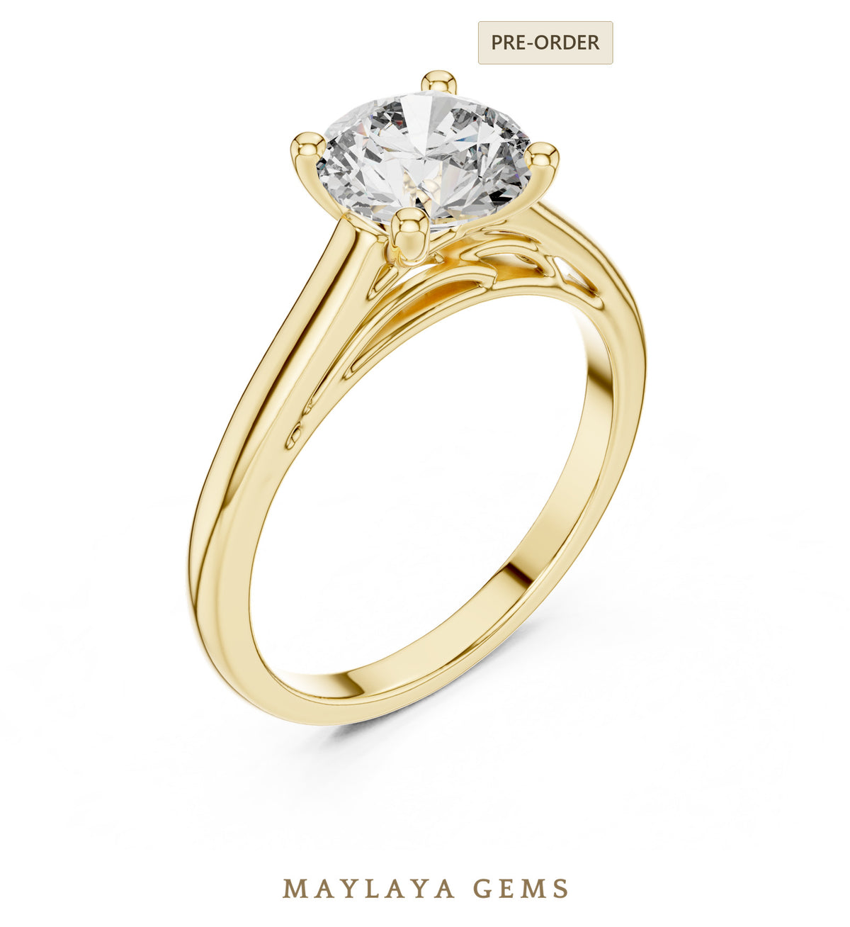 Maylaya gems round double arch solitaire lab grown diamond ring in yellow gold