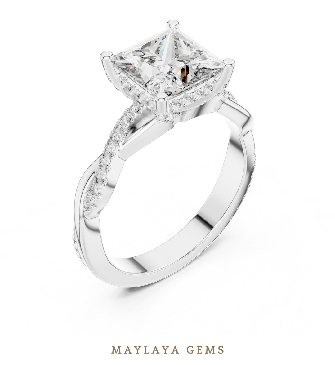 Maylaya Gems princess twisted pave lab-grown diamond ring in white gold