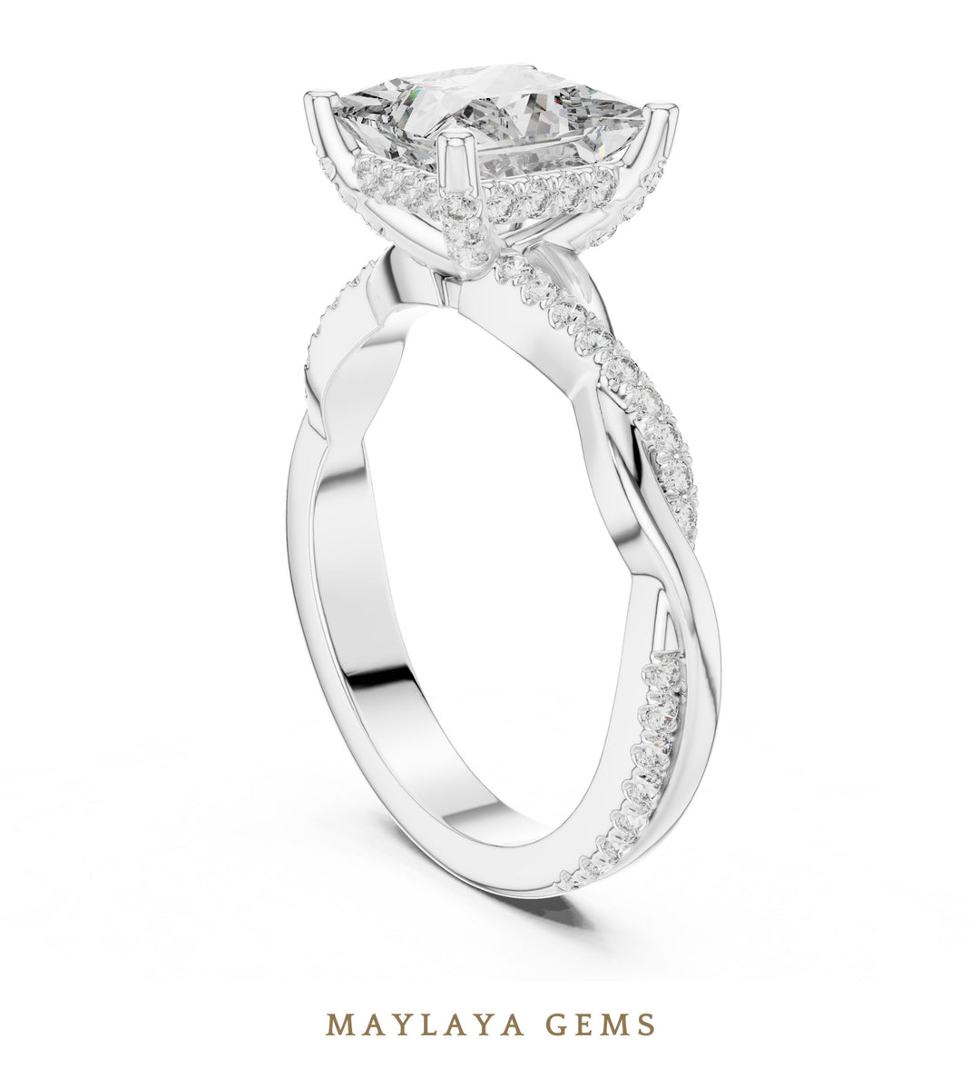 Maylaya Gems princess twisted pave lab-grown diamond ring in white gold