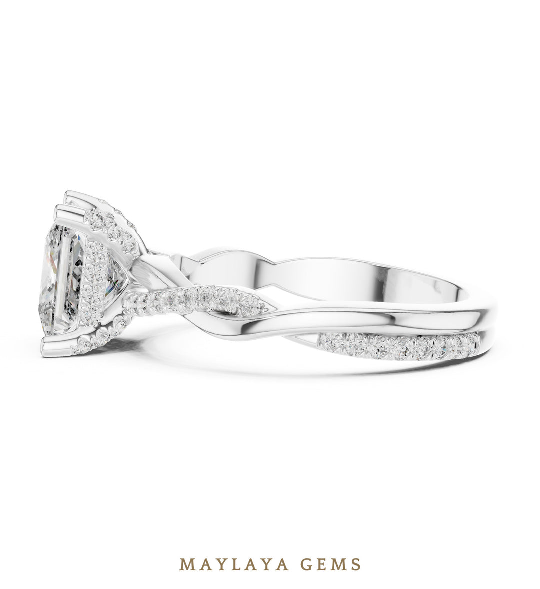 Maylaya Gems princess twisted pave lab-grown diamond ring in white gold