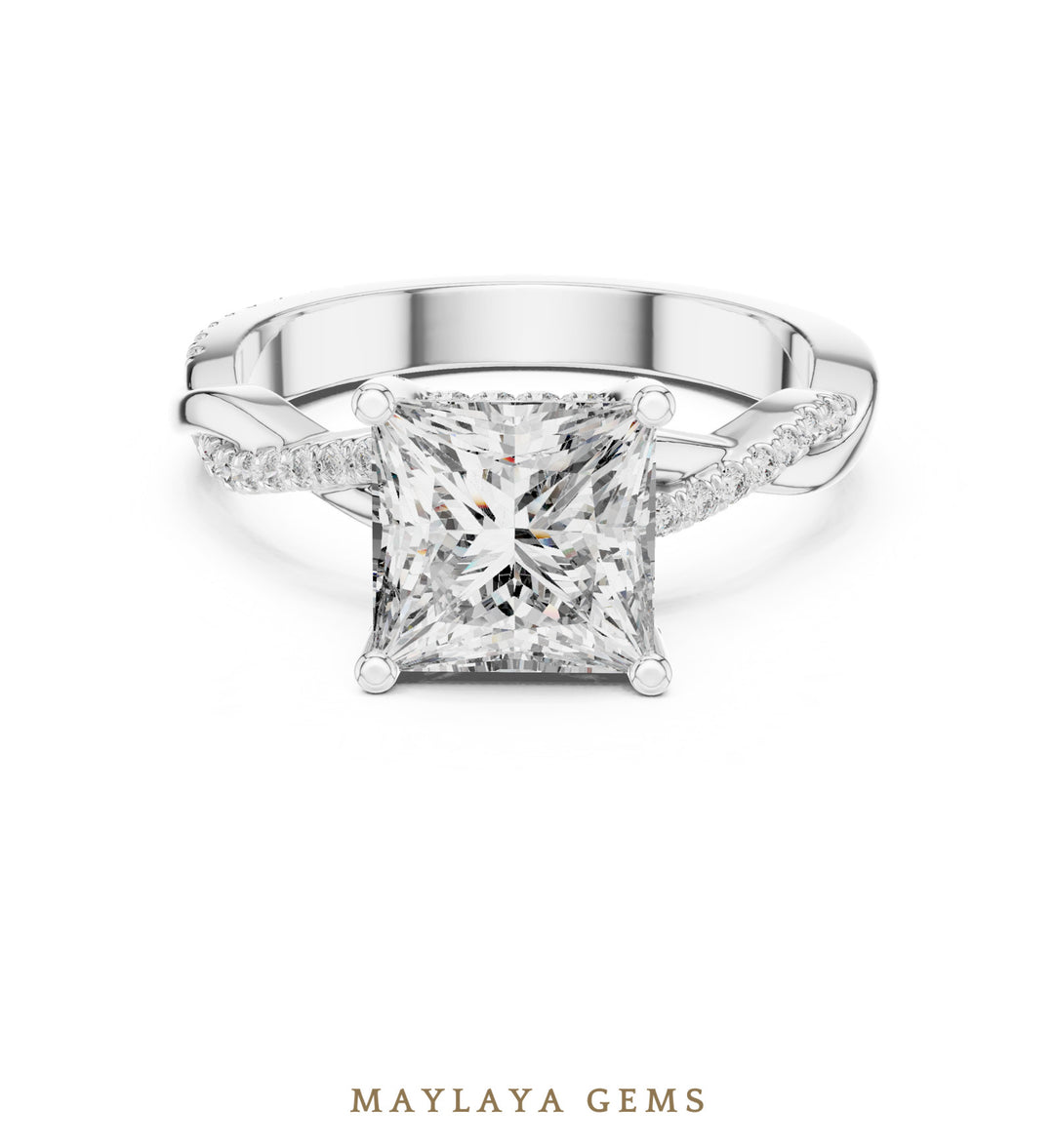 Maylaya Gems princess twisted pave lab-grown diamond ring in white gold