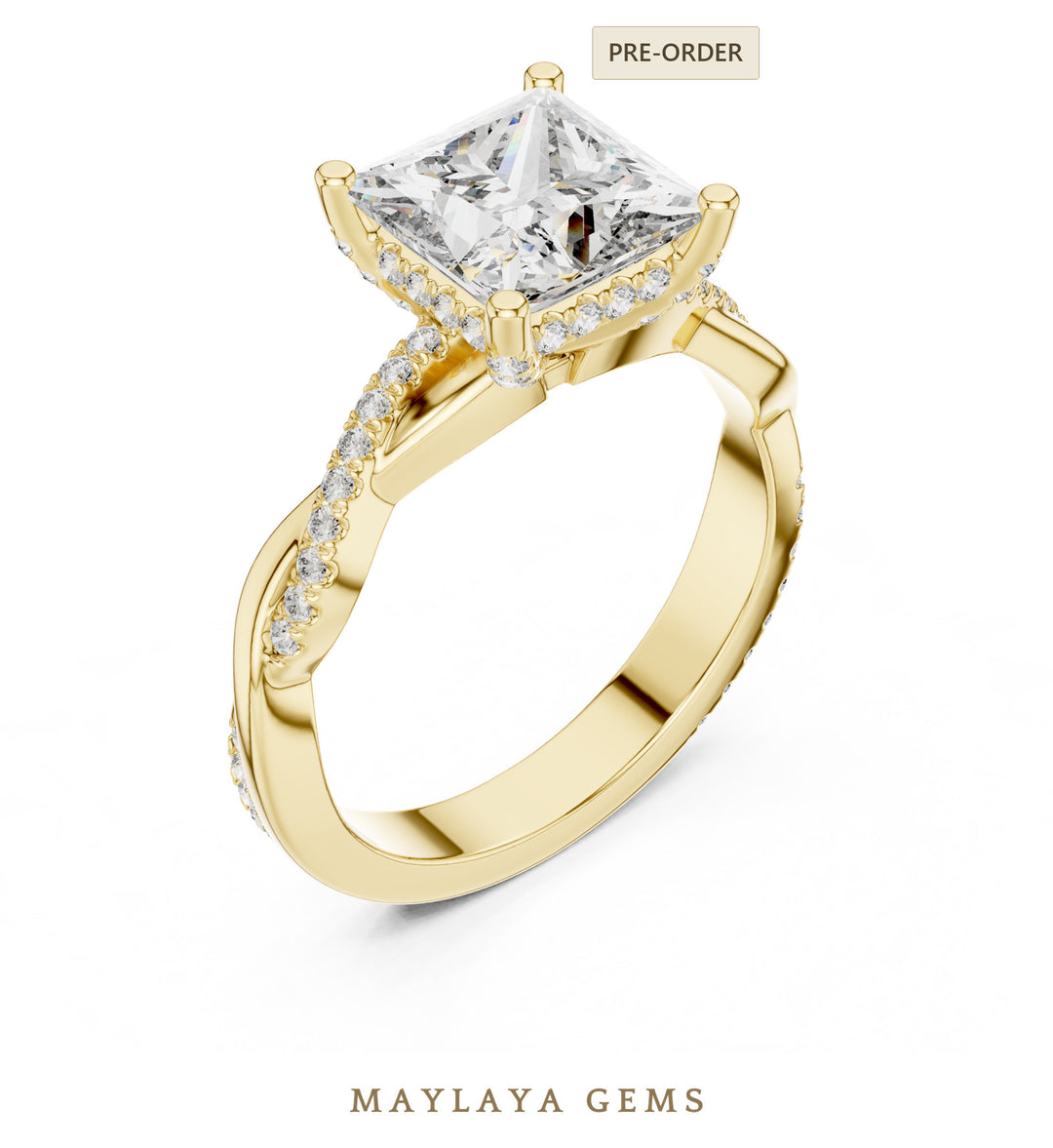 Maylaya Gems princess twisted pave lab-grown diamond ring in yellow gold