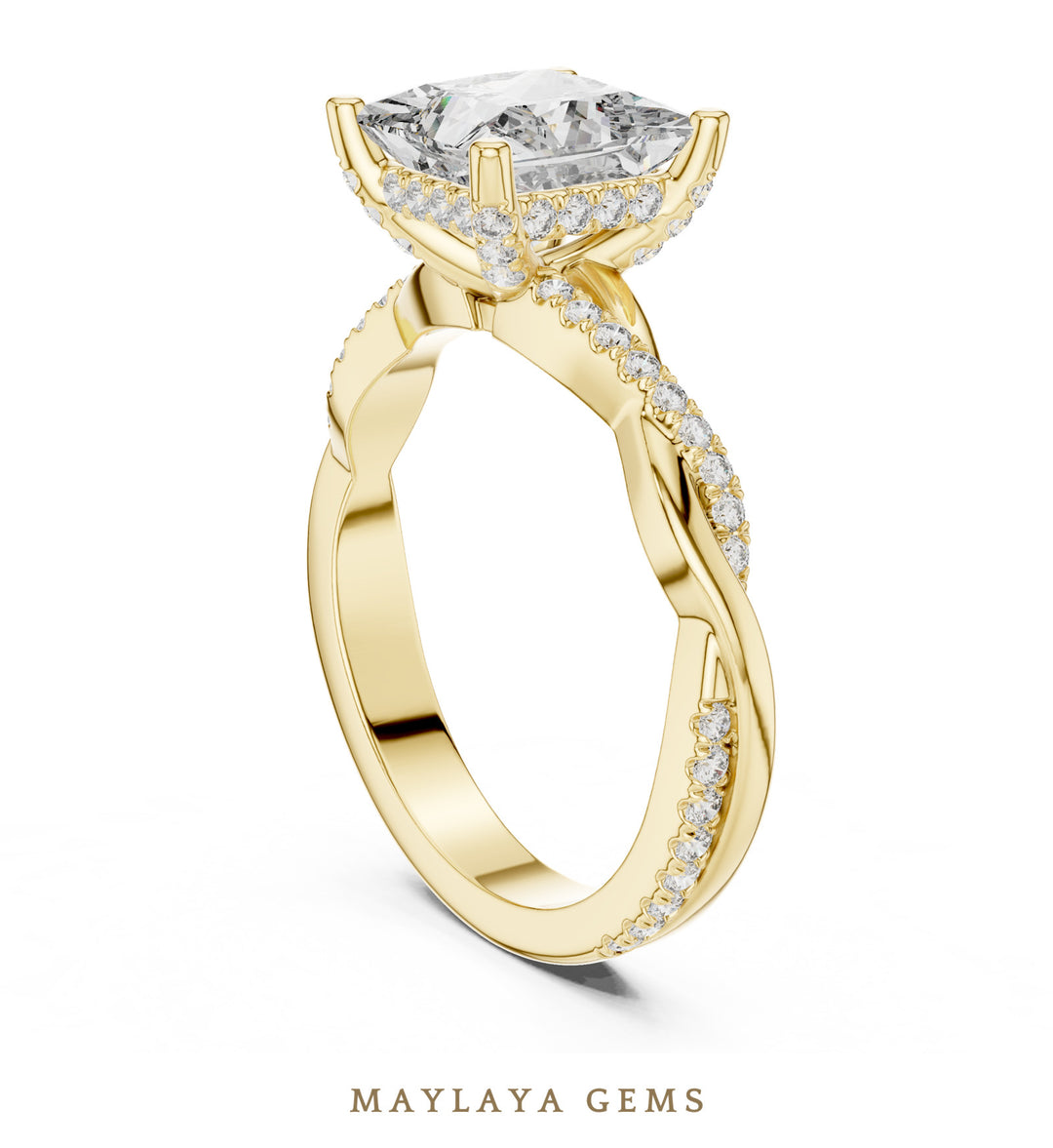 Maylaya Gems princess twisted pave lab-grown diamond ring in yellow gold