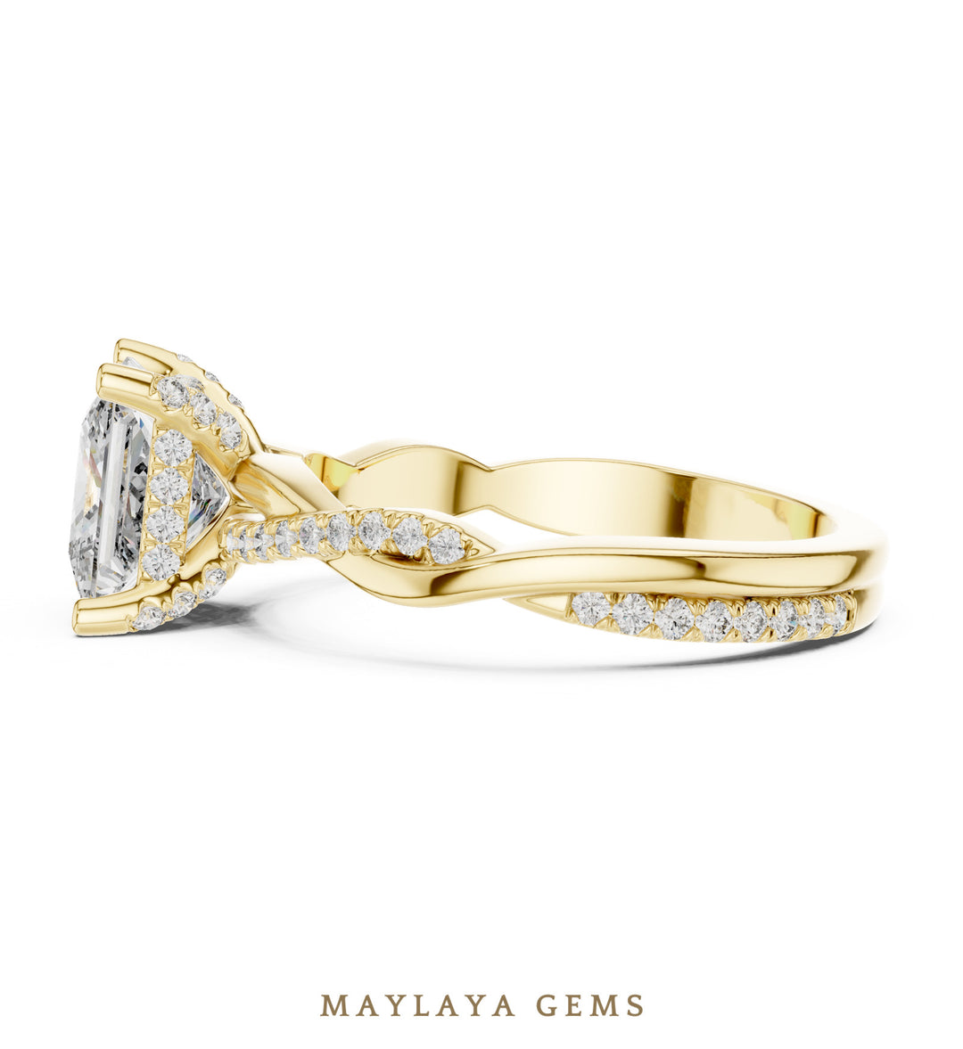 Maylaya Gems princess twisted pave lab-grown diamond ring in yellow gold