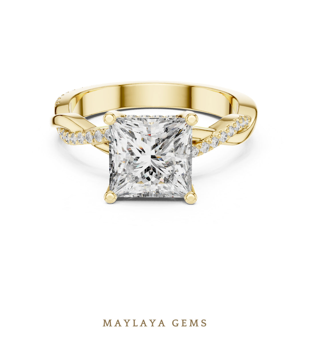 Maylaya Gems princess twisted pave lab-grown diamond ring in yellow gold