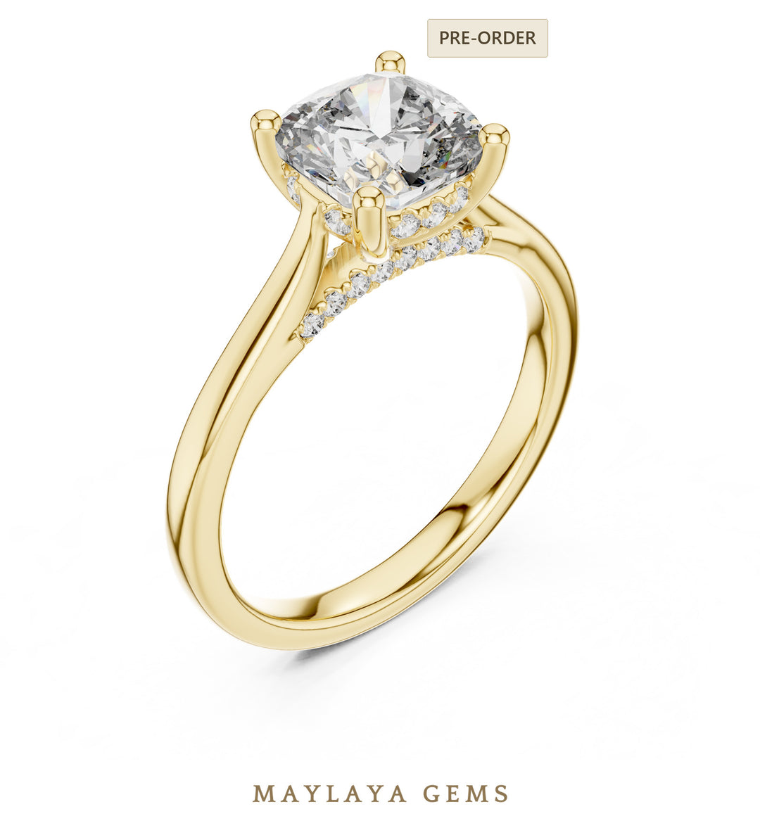 Maylaya Gems cushion diamond bridge lab-grown diamond ring in yellow gold