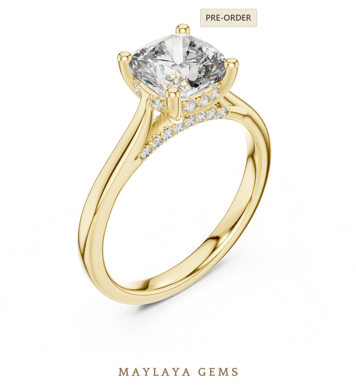 Maylaya gems cushion diamond bridge lab grown diamond ring in yellow gold